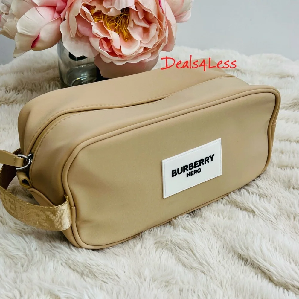 Burberry Bag Pouch Case Cosmetics Toiletry Travel Logo Handle Zippered New